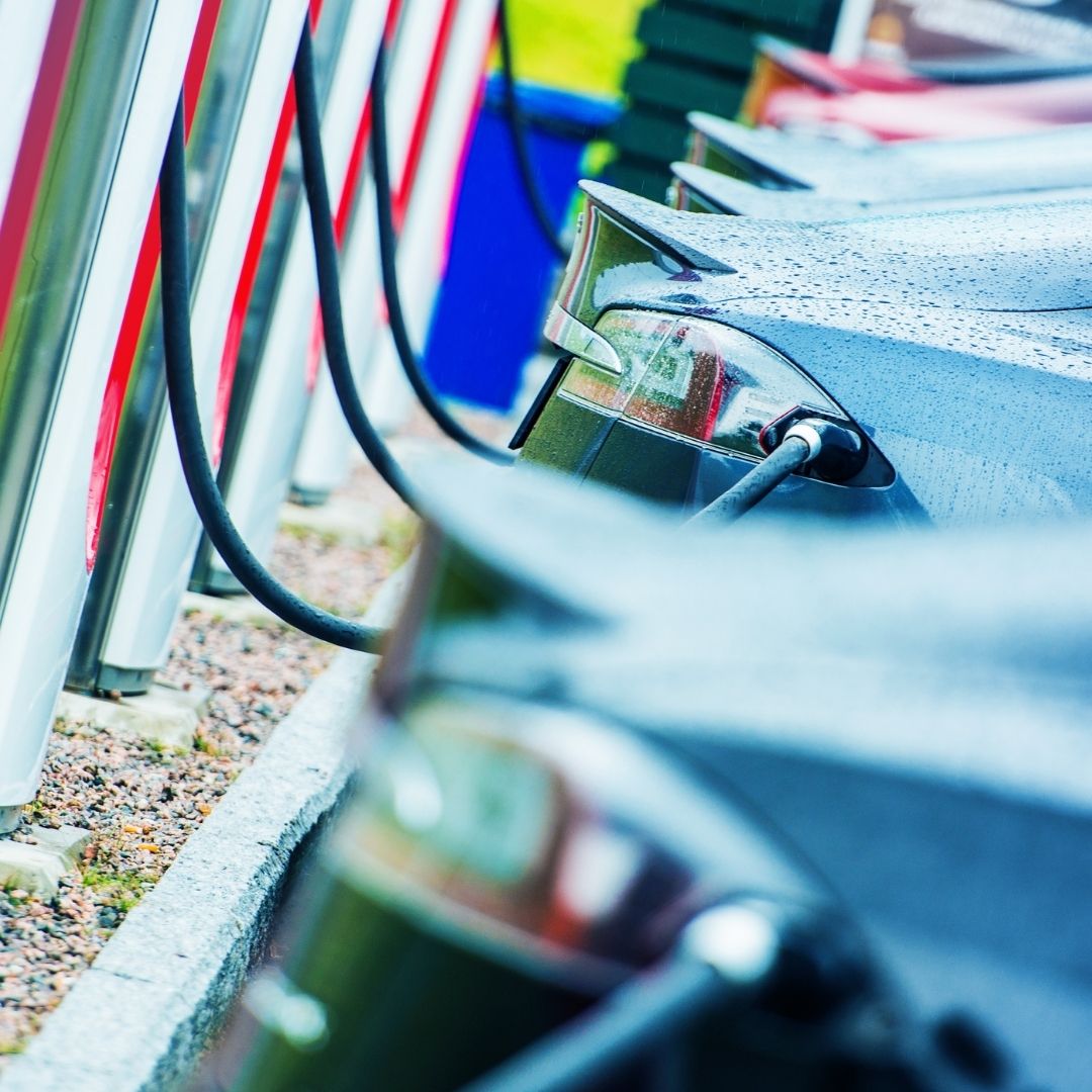 row of EVs charging