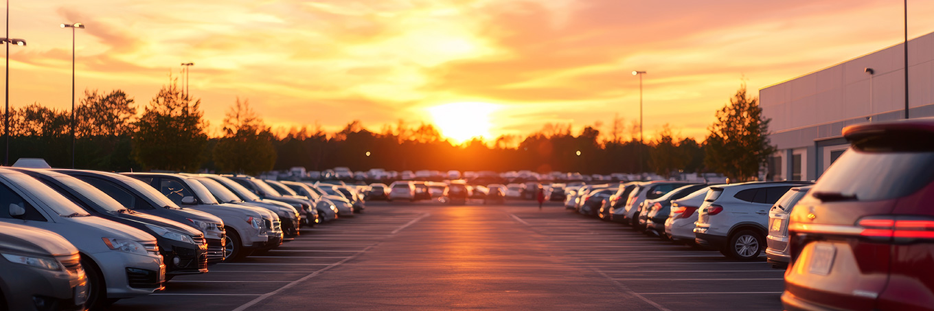 A sunset landscape with a parking lot filled with vehicles ouside a manufacturing building