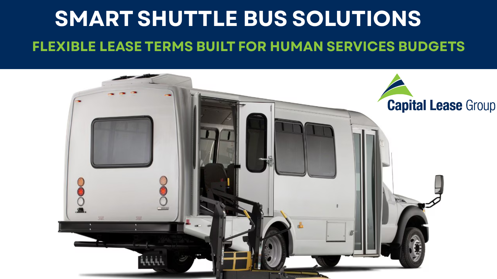 Image of a StarCraft 15-passenger shuttle bus, ideal for Human Services transportation. The bus is designed for group transport with ADA-compliant features and is available through flexible leasing options.