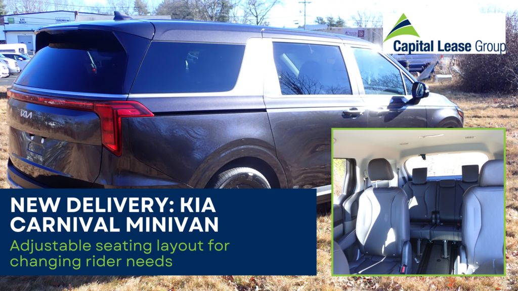Exterior photo of a Kia Carnival MPV with an inset image showing the interior seating layout, highlighting flexible seating for Human Services transportation.