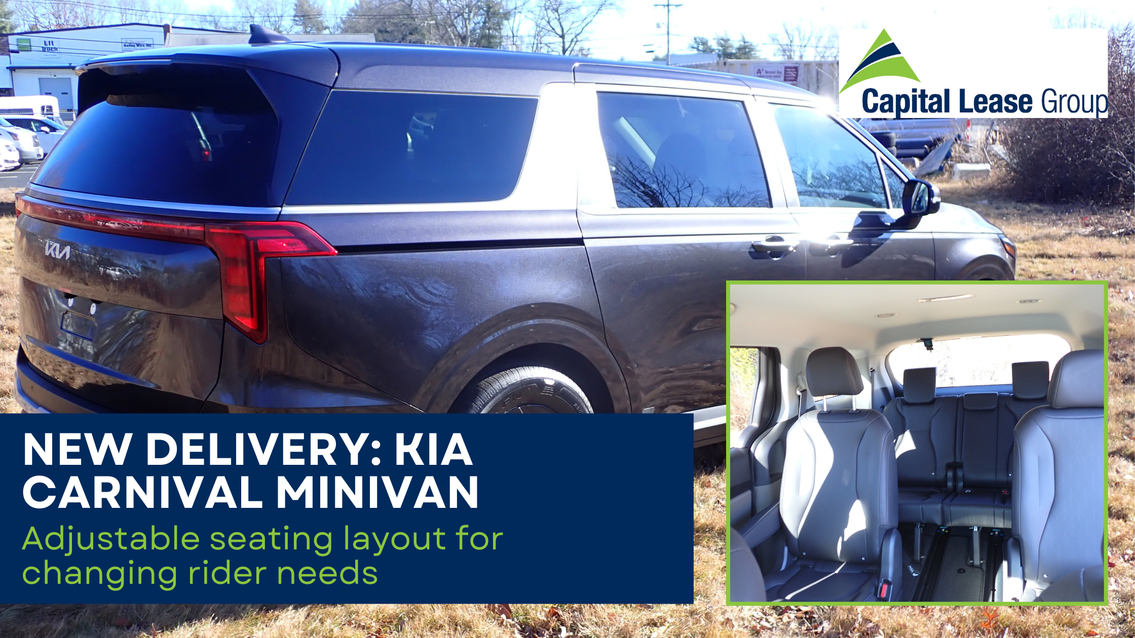 Exterior photo of a Kia Carnival MPV with an inset image showing the interior seating layout, highlighting flexible seating for Human Services transportation.